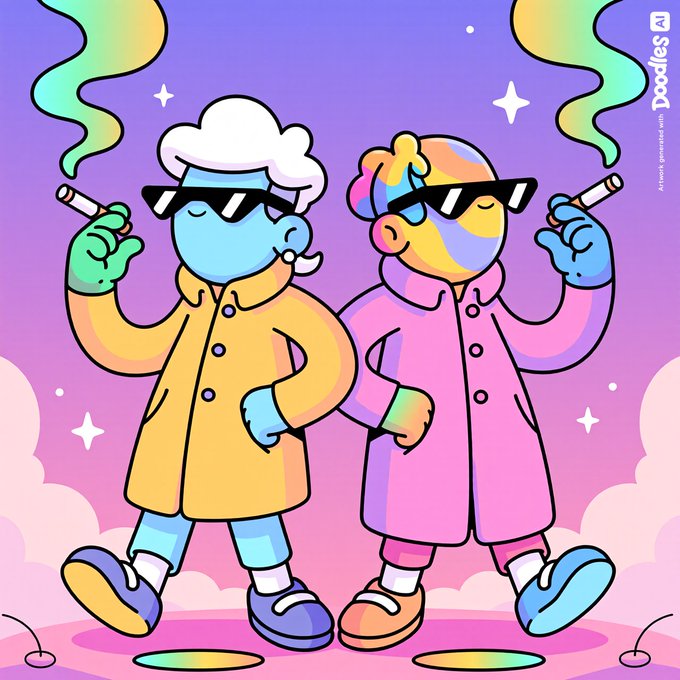 A colorful cartoon illustration by Doodles featuring two stylized characters wearing sunglasses and coats, with rainbow smoke and clouds in a pastel background.