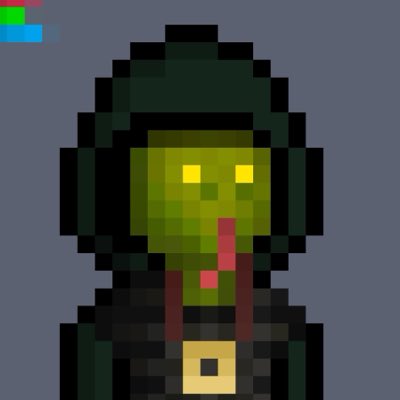 Pixel art of a character with a green face, yellow eyes, red tongue, dark hood, and a gold square pendant against a gray background.
