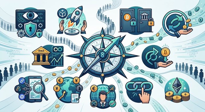 A colorful illustrated infographic features a central compass surrounded by icons representing cryptocurrency, blockchain, and a stock graph labeled 'RWA', with crowds of people flowing around it.