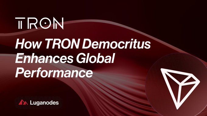 The text shows a red and black design with the word "TRON" written below it, while an image of the logo for the cryptocurrency wallet "Lugares". The background of the image features a dark purple color. Below this design, there's a caption explaining that TRON is entering a new phase of growth in the crypto market. This post highlights the positive changes and progress happening within the trondao ecosystem as it continues to grow stronger.