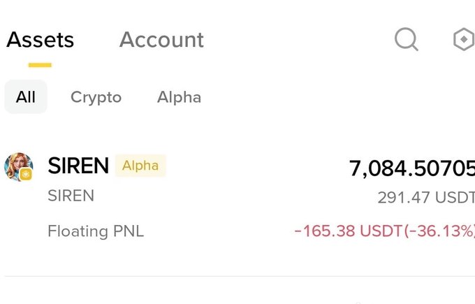 The image features a screenshot of a trading app showing various assets such as SIREN being held at $0.5 (down from $0.67) and another asset named SIREN having a value of -36%. The trading app also displays an active user who is selling their SIREN for $0.49 (down from the $0.66 initial price). Additionally, there's a red warning that reads "holding 500 ?". This suggests that someone has recently set up this account and may not be aware of the current market trends or potential losses associated with holding multiple assets at once.