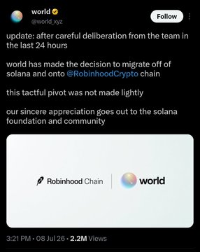 A Twitter post from the 'world' account (@world_xyz) announces the decision to migrate off of Solana and onto Robinhood Chain, thanking the Solana foundation and community.