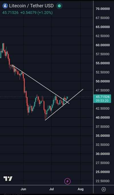 A Litecoin (LTCUSDT) daily candlestick chart shows price currently at $45.71526 (+1.20%), with a falling wedge pattern forming as white trendlines converge toward the $45-$47 range, suggesting an imminent upward breakout consistent with the post's bullish outlook.