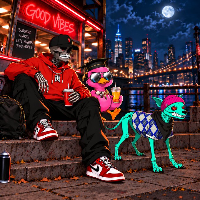An illustration of a skeleton in a red hoodie, a pink duck in a graduation cap, and a teal skeletal dog wearing a beanie hang out on a city street at night with a neon 'GOOD VIBES' sign and a Brooklyn Bridge-style background.