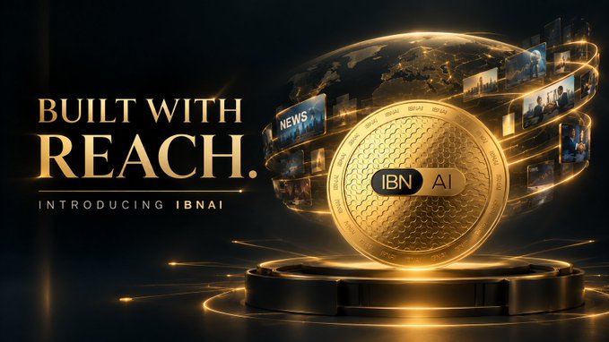 A promotional graphic for 'IBNAI' featuring the text 'BUILT WITH REACH. INTRODUCING IBNAI' alongside a gold coin displaying the company's name, surrounded by a globe and floating news screens.
