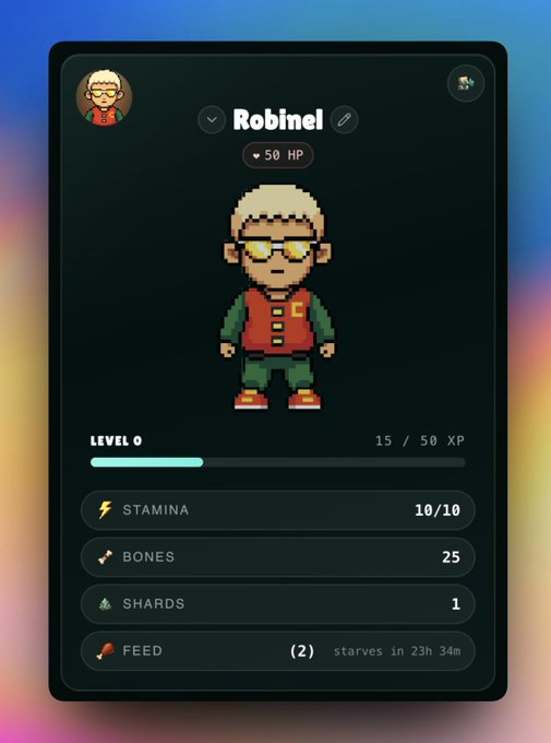 A digital profile card for "Robinel" displays a pixel-art character at Level 0 with 15/50 XP, 10/10 stamina, 25 bones, 1 shard, and 2 feed (starving in 23h 34m), tied to the announcement of Robin NFTs from ObsidianSwap being added to the Wolfage collection where users can hatch and battle their Robins.