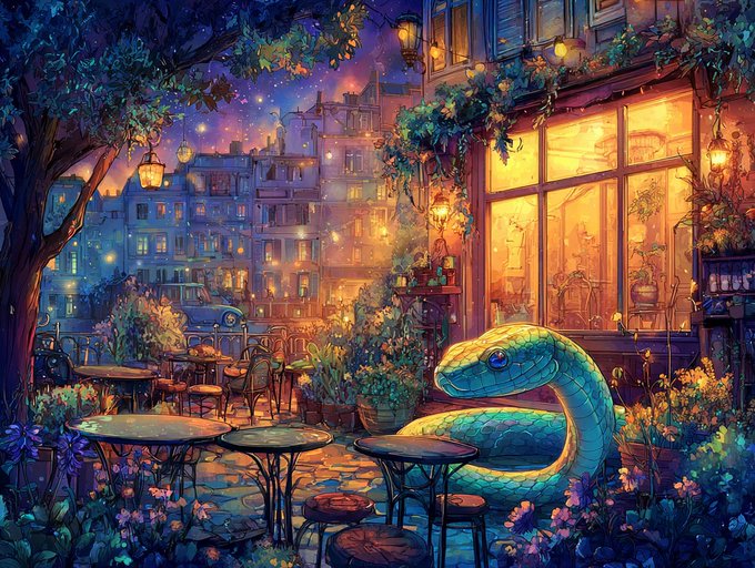 Vibrant, fantasy-style digital illustration of a green serpent coiled among cafe tables on a cobblestone street at night, with a glowing storefront and string lights in the background.