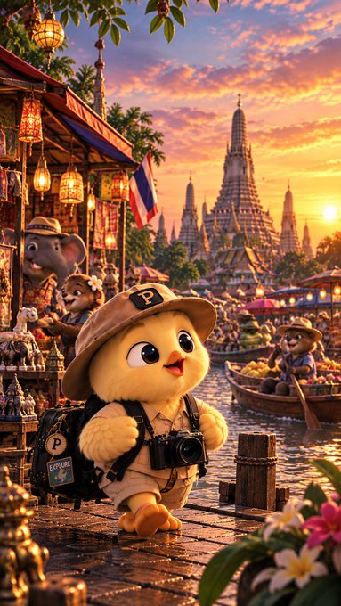 A cute yellow chick character wearing a safari hat and explorer outfit with a backpack and camera stands in a vibrant floating market scene at sunset, with ornate temple spires and Thai flags in the background.