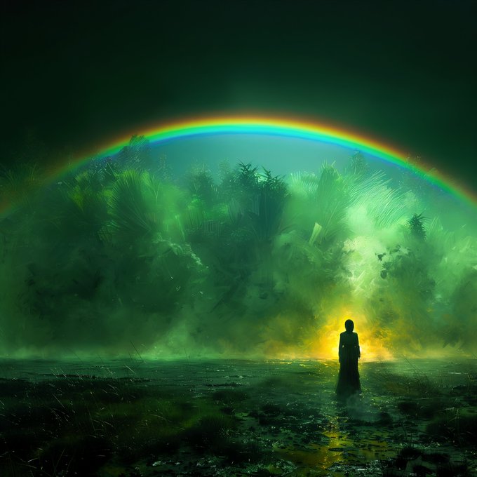 An atmospheric digital painting showing a silhouetted figure standing before a glowing yellow-green mass of foliage or mist, framed by a rainbow arch against a dark sky.