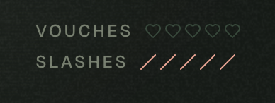 A dark textured background displaying the words 'VOUCHES' followed by four heart outlines, and 'SLASHES' followed by five pink diagonal lines.