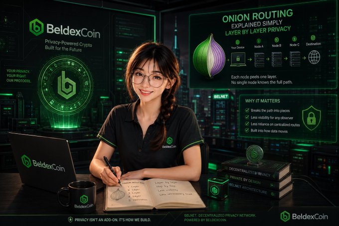 A promotional graphic for 'BeldexCoin' featuring a woman at a desk surrounded by branded materials and an infographic explaining onion routing for privacy-powered crypto.