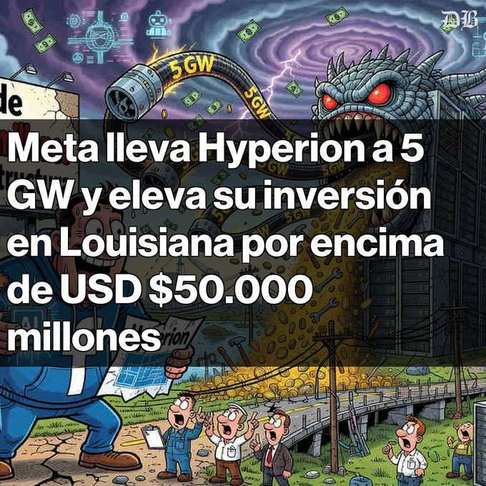 An illustration showing a large mechanical creature pumping money while people react in shock, with Spanish text overlay reading 'Meta lleva Hyperion a 5 GW y eleva su inversión en Louisiana por encima de USD $50.000 millones' and the 'DL' logo in the corner.