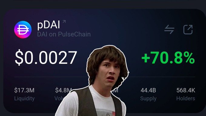 The image features a man with brown hair wearing a vest, who appears to be looking at his phone screen. The background of the image has text that reads "PDDAI" and "DAL on PulseChain". There are also numbers displayed in the image, including $0.0027 and $0.78.
