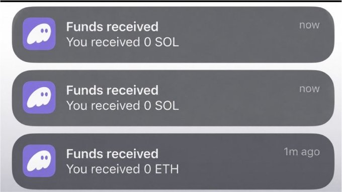 A mobile notification screen shows three "Funds received" alerts: two for 0 SOL and one for 0 ETH. The "web3 jobs" caption is humorously undercut by the fact that all three payments were actually for zero dollars in cryptocurrency.