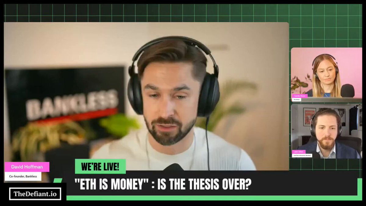 The image shows a man wearing headphones, with three other people visible behind him. They are all looking at something on a screen that says "Bankless guys are just the dumbest fuckers of all time. Literally shill eth as their identity then they flip and can’t even fud eth correctly". The post is about a TV show or a video featuring three men wearing headphones, with one man being identified by his name tag.