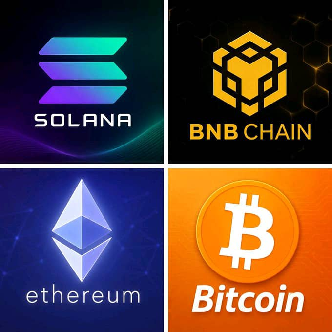 A four-panel grid showing the logos for Solana, BNB Chain, Ethereum, and Bitcoin.