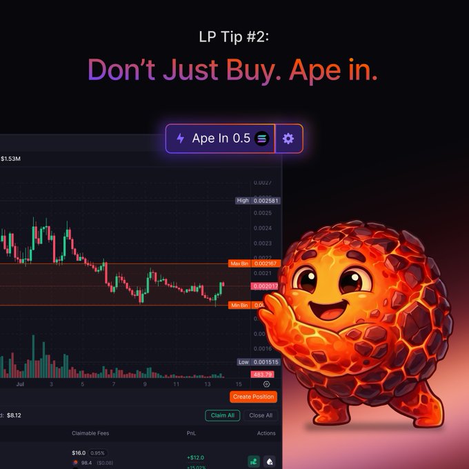 The image displays a tip titled "LP Tip #2: Don't Just Buy. Ape In." featuring a 3D cartoon magma/lava creature beside a trading chart interface with an "Ape In 0.5 SOL" button, illustrating the one-click liquidity provision feature described in the post. The chart shows price data with $1.53M and a claimable fee of $16.0 (+15.02%) at the bottom.