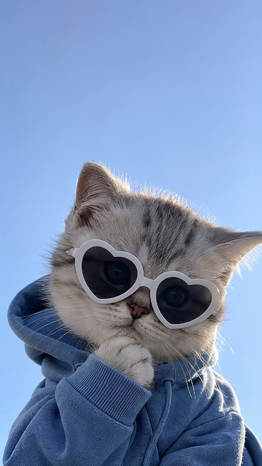 A fluffy gray and white kitten wearing white heart-shaped sunglasses and a blue hoodie, photographed against a clear blue sky background.