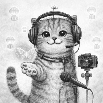 A black-and-white pencil sketch shows a cute kitten wearing large gaming headphones with a microphone, waving one paw forward, with a camera on a tripod beside it and a small butterfly and floating icons in the background—suggesting the NFT (likely a digital collectible from the Ethos network) being referenced in the post features this illustrated cat character as its artwork.