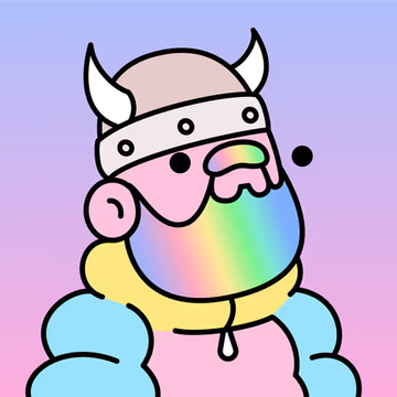 A cartoon Viking Doodle character with a horned helmet and a rainbow-colored holographic beard, wearing a yellow hoodie, perfectly matching the post's tribute to "holographic beard" Vikings with the featured token IDs 2417 and 5117.