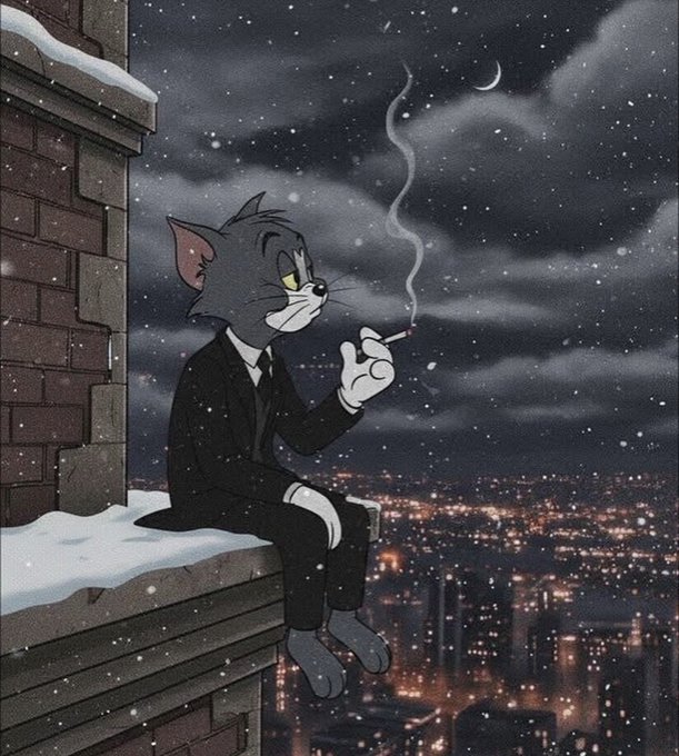 Tom from Tom and Jerry sits on a snowy rooftop ledge in a dark suit, smoking a cigarette against a moody, starry night cityscape. The image complements the post's message about enduring prolonged bearish stretches calmly, with Tom's quiet, contemplative demeanor reflecting the wisdom of weathering the crypto downtimes without panic.