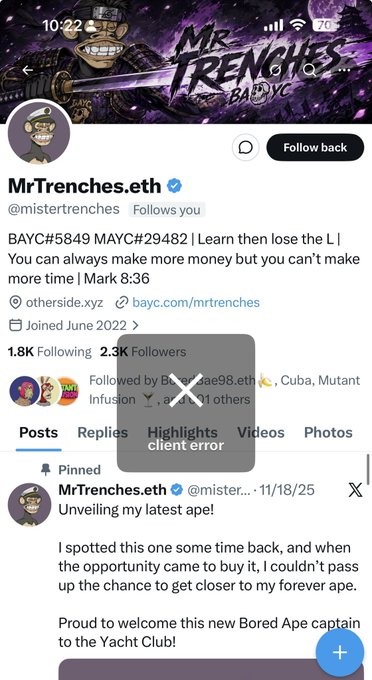 "Mr. Trenchhouse, eth. @boredapec, seems to have been unfollowed or blocked by another user after they learned that his account was used as a cover for spreading lies about them, along with other posts on the thread."