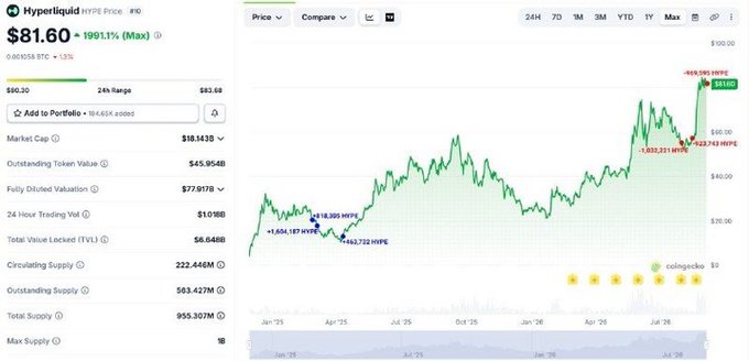 A CoinGecko price chart for Hyperliquid (HYPE) showing the current price at $81.60, up 1991.1% from its all-time low, with a 2-year price range and various market statistics including market cap and supply.