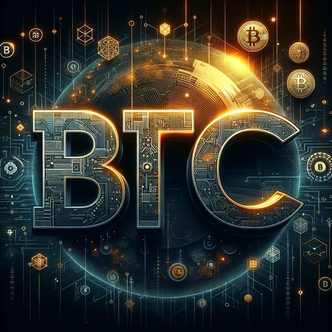 A digital artwork features the large metallic text 'BTC' surrounded by circuit board patterns and glowing gold Bitcoin coins against a dark blue background.