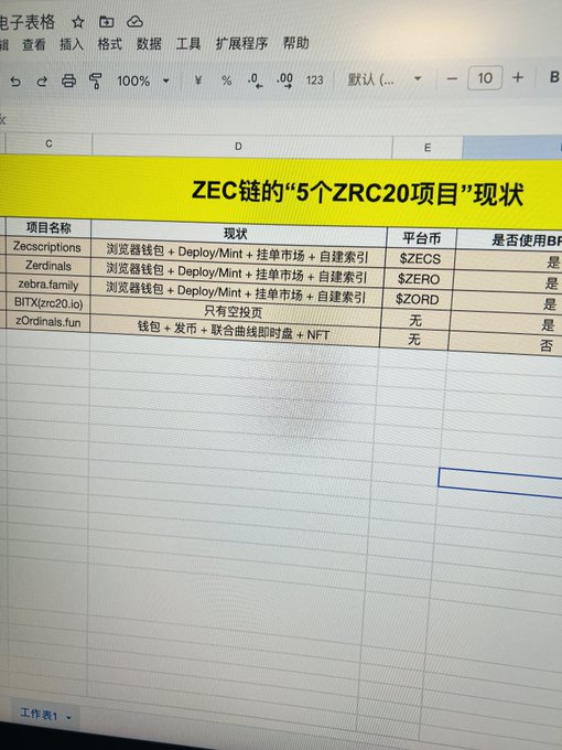 The image shows a Chinese spreadsheet titled "ZEC链的'5个ZRC20项目'现状" (Status of "5 ZRC20 Projects" on the ZEC Chain), listing five projects—Zecscriptions, Zerdinals, zebra.family, BITX(zrc20.io), and zOrdinals.fun—with details on their current status, platform token ($ZECS, $ZERO, $ZORD), and whether they use BRC functionality. The spreadsheet visually supports the article's point about ZRC20 projects on the ZEC chain still being in early stages, illustrating the limited ecosystem options and basic feature sets (like wallets, deployments, and minting) that currently exist.