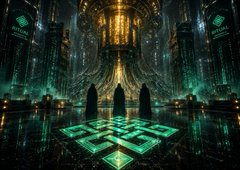 A sci-fi/fantasy digital illustration of a futuristic cyberpunk city interior with glowing green lights, geometric patterns on the floor, and an ornate cathedral-like archway.