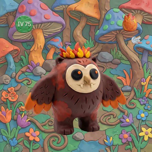 A whimsical digital illustration of a fluffy owl-like creature with a flame crown standing among colorful mushrooms and flowers, labeled 'IV 75'.