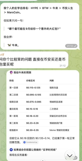 A Chinese-language cryptocurrency chat discussing price predictions for tokens HYPE, BTW, 牛来, 市安人生, and MarsCoin, with a table showing price ranges from $0.075 to $0.35.