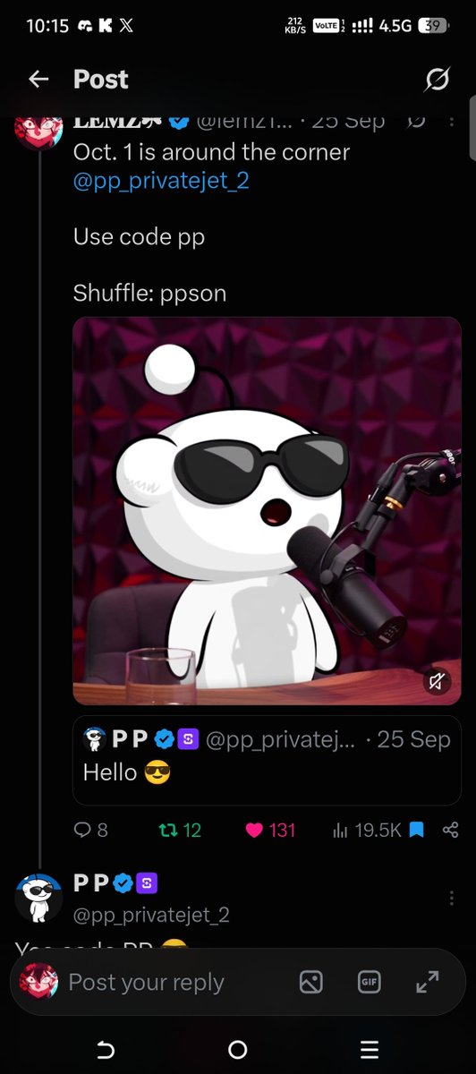 A Twitter/X post quoting @pp_privatejet_2 with text "Oct. 1 is around the corner," including the instructions "Use code pp" and "Shuffle: ppson," featuring a white panda character wearing sunglasses at a microphone.