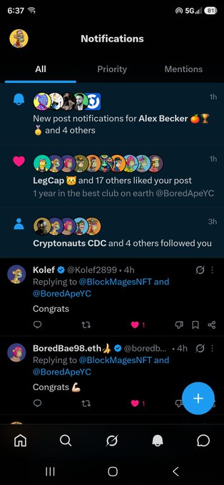 The image shows a social media app with a post that has been retweeted by multiple users, including @BoredApeYC. The post features a photo of a person's face along with a caption about love. The post also includes a message from @BoredApeYC congratulating the user on their love and a link to a website for more information.