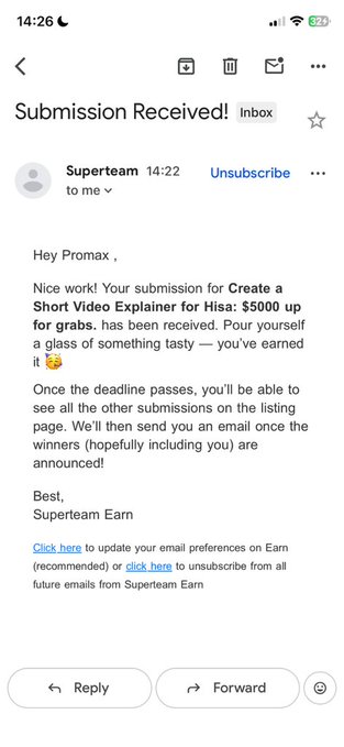 An email notification from Superteam Earn titled 'Submission Received!' addressed to 'Promax', congratulating them on earning $5000 for a 'Create a Short Video Explainer for Hisa' task.