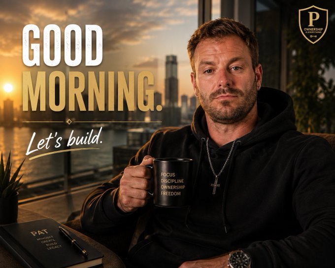 A motivational graphic shows a bearded man in a black hoodie holding a black mug labeled 'FOCUS DISCIPLINE OWNERSHIP FREEDOM', with the text 'GOOD MORNING. Let's build.' overlaid against a sunset cityscape background and a 'P' Ownership Academy logo.