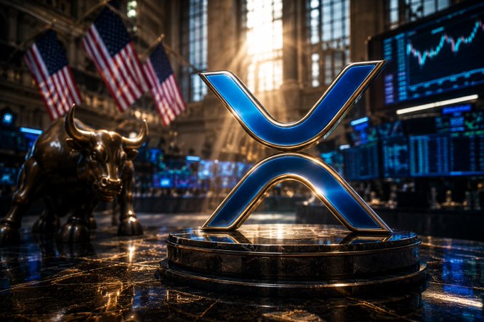 A glowing blue XRP logo sits prominently on a marble pedestal inside a Wall Street trading floor, accompanied by the iconic Charging Bull statue and American flags in the background, with a stock chart visible to the right. The imagery visually reinforces the post's message about institutional financial support for crypto regulatory clarity, positioning XRP at the center of mainstream financial adoption discussions.