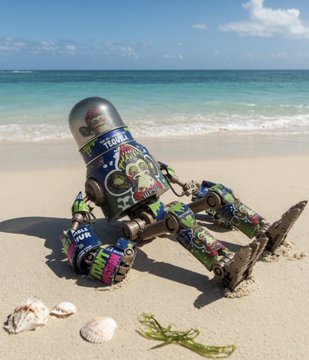 The image features a robot toy sitting on a beach, surrounded by seashells and seaweed. The robot has a green body with blue accents and a helmet that appears to be made of beer cans. There are also some shells scattered around the robot's feet. The scene is set against a backdrop of an ocean view, creating a unique and interesting composition for this image.