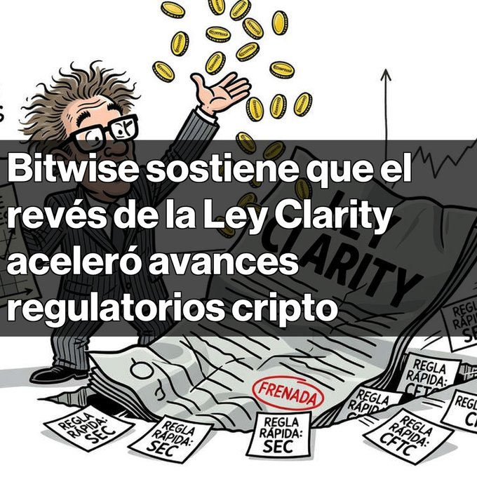 A political cartoon with Spanish text reading "Bitwise sostiene que el revés de la Ley Clarity aceleró avances regulatorios cripto," depicting a figure scattering coins over a deflated bag labeled "CLARITY" marked "FRENADA" with papers reading "REGLA RÁPIDA: SEC" and "REGLA RÁPIDA: CFTC."