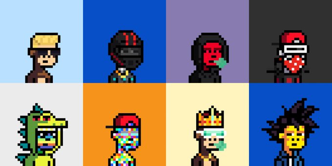 A grid of eight pixel art character portraits featuring various stylized figures including one in a fur hat, a masked warrior, a red-faced character, and a dragon-like creature.