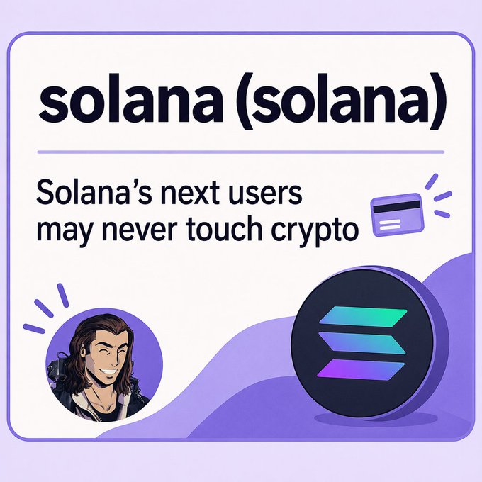 An informational card about Solana cryptocurrency features the text 'solana (solana)' and 'Solana's next users may never touch crypto' alongside an illustration of a smiling person and the Solana logo.