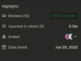 A dark profile highlights section showing 10 reviews with 100% positive feedback, 5 vouches from others, and a join date of Jun 20, 2025.