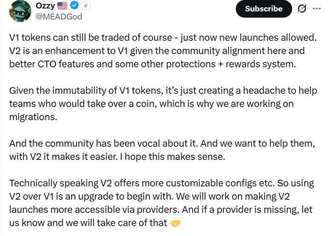 A tweet from Ozzy (@MEADGod) explaining that V1 tokens can still be traded while new launches now occur on V2, which offers enhancements like better CTY features, customizations, rewards, and easier migration support, addressing community feedback about the immutability of V1 tokens causing challenges for team takeovers.