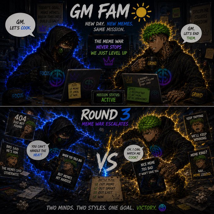 A two-panel meme-style illustration titled 'GM FAM' and 'ROUND 3 MEME WAR ESCALATES' showing a hooded ninja character versus a green-haired fighter, with text including 'TWO MINDS. TWO STYLES. ONE GOAL. VICTORY.'