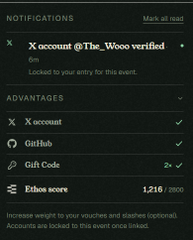 A dark-mode app screen showing a notification 'Locked to your entry for this event.' from 'X account @The_Woo verified' and advantages like X account, GitHub, Gift Code, and an Ethos score of 1,216/2800.