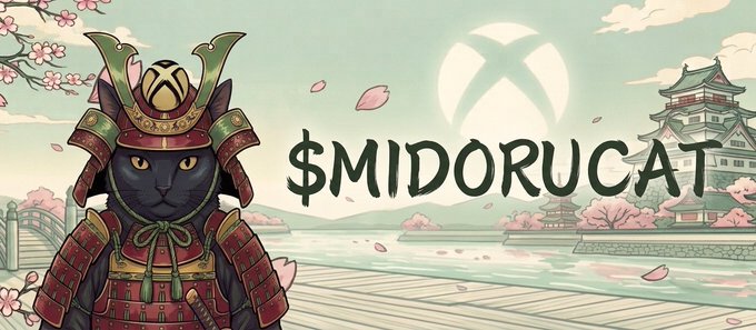 A promotional banner features a black cat dressed in traditional Japanese samurai armor, set against a backdrop of cherry blossoms and a castle with the Xbox logo. The text reads '$MIDORUCAT'.