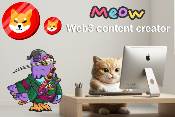 The image features a cartoon cat sitting at a desk with an Apple computer monitor behind it. The cat appears to be using the computer while wearing a pirate costume, complete with a hat and sword. In front of the cat, there are two coins, one red and one green, which seem to be related to the pirate theme. The background of the image is white, providing a clean and simple backdrop for the cartoon scene.