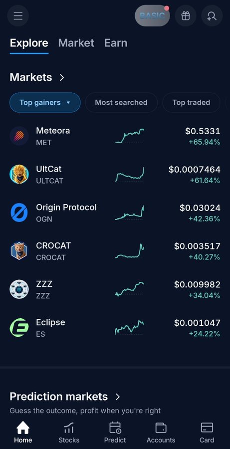 A mobile app interface shows cryptocurrency market data under an 'Explore' tab, listing 'Top gainers' including Meteora (MET +65.94%), UltCat (ULTCAT +61.64%), Origin Protocol (OGN +42.36%), CROCAT (CROCAT +40.27%), ZZZ (ZZZ +34.04%), and Eclipse (ES +24.22%).