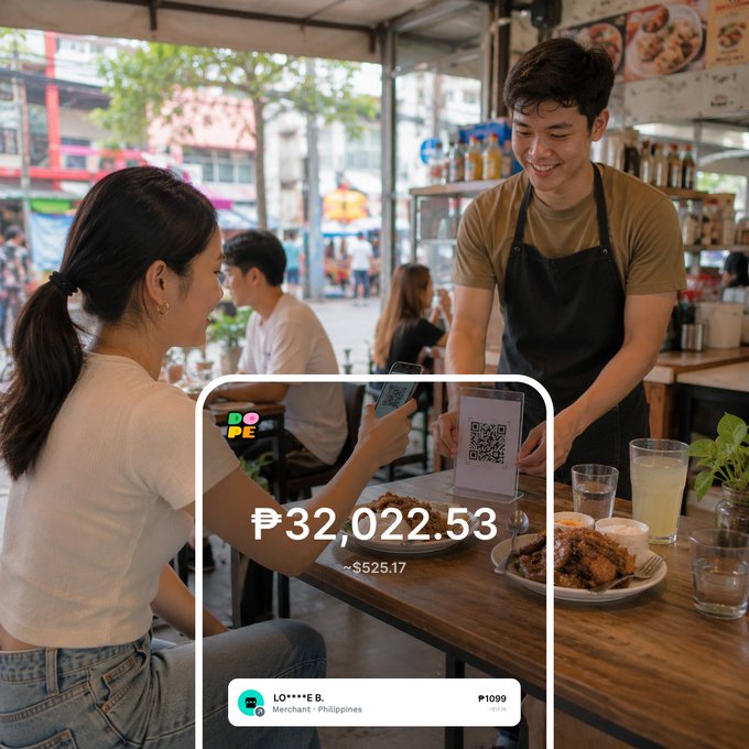 A customer at a Filipino café pays ₱32,022.53 with $525.17 worth of crypto via a QR code through Dope, while a smiling server in an apron processes the transaction.

The image illustrates Dope's real-world utility by showing someone seamlessly converting crypto into local currency (PHP) to pay at a small business, demonstrating the platform's ability to facilitate everyday spending, bypass exchange fees, and use simple QR payments instead of complex wallet addresses.