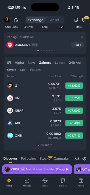 A mobile cryptocurrency exchange app screen showing a 'Trading Countdown' and gainers list including G (+73.63%), UNI (+33.75%), NEAR (+27.00%), ARB (+26.40%), and ONE (+24.71%).